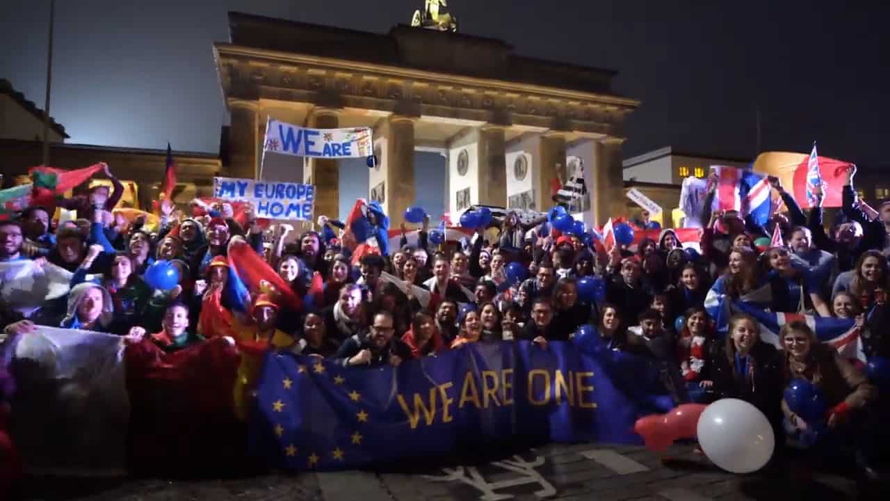 We are One - United in divesity with the Erasmus Generation in front of the Brandenburger Gate in Berlin
