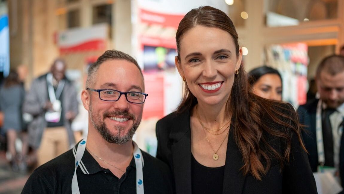 Patrick Doodt with Former Prime Minister of New Zealand Jacinda Ardern during the Paris Peace Forum